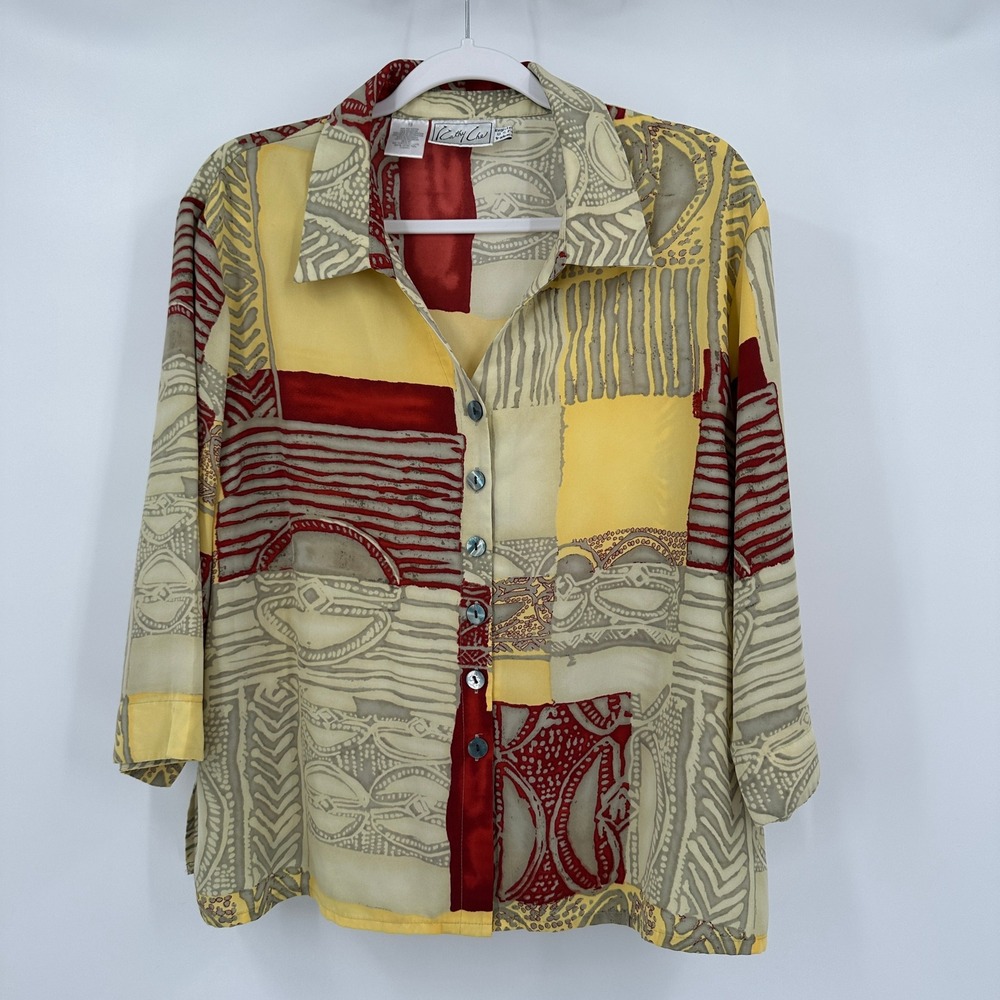 Womens Artsy Patchwork Boho Button Top‎ Size 18 Lagenlook Abstract Print Vintage